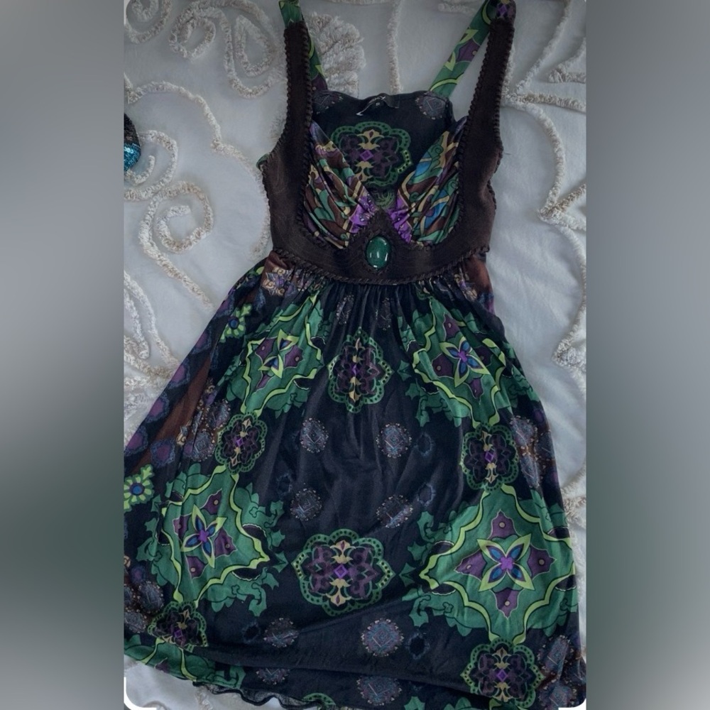 Sky Emerald Green and Purple Patterned Dress w/ brown suede corset trim